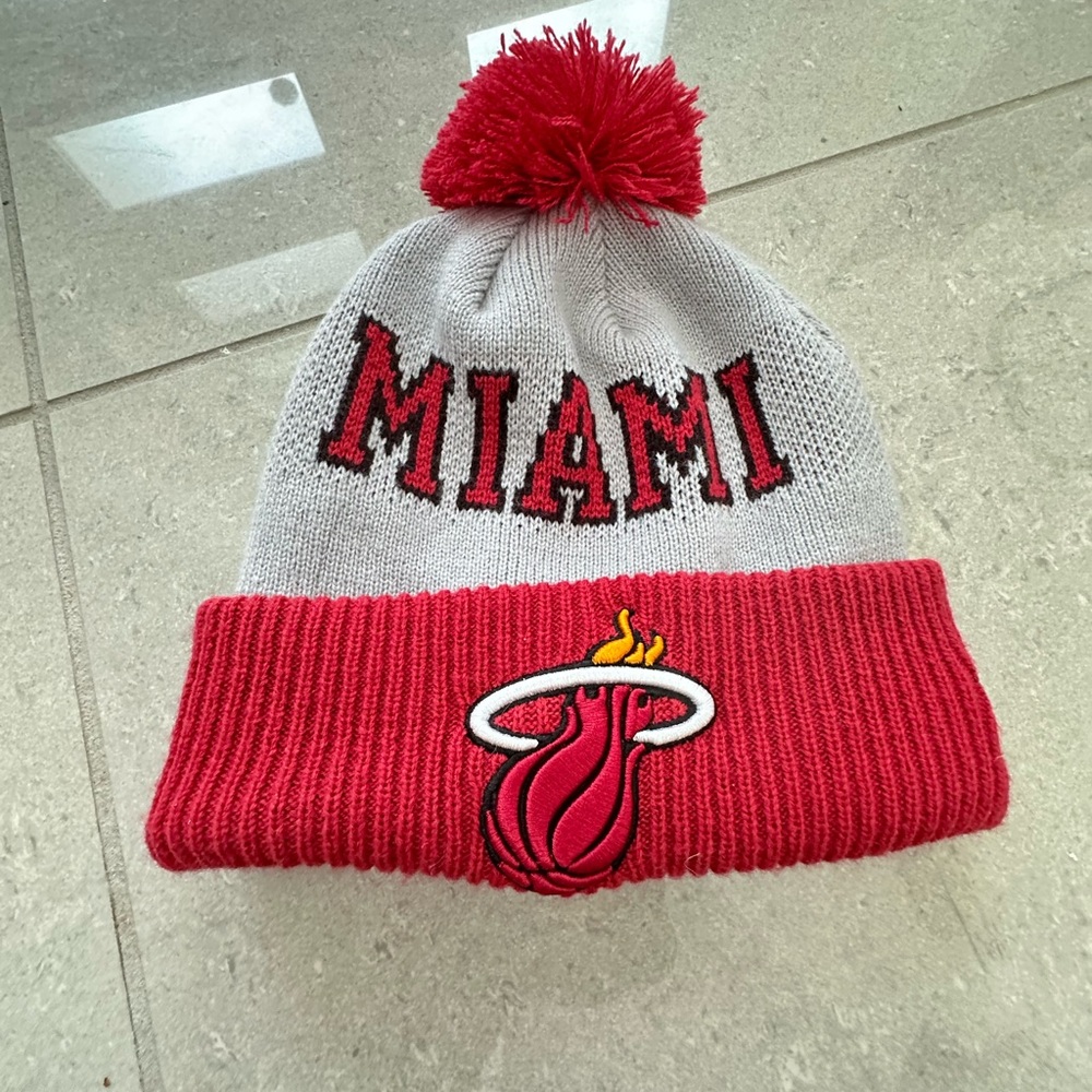 Miami Heat Basketball Adult Pom-Pom Beanie - Red and Gray